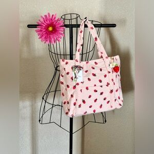 New Pink Corduroy Strawberry Purse Tote Bag w/ Pocket, Zipper, Crochet Accent